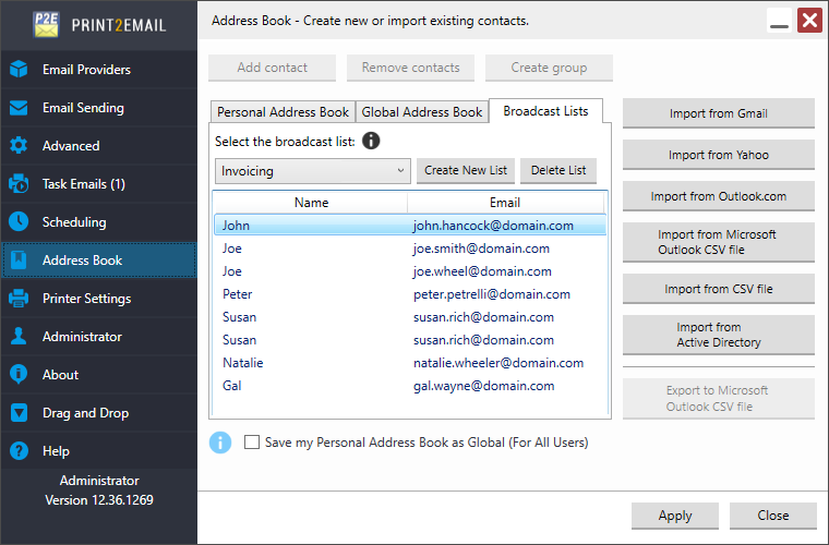 Using Print2Email in Broadcast Mode